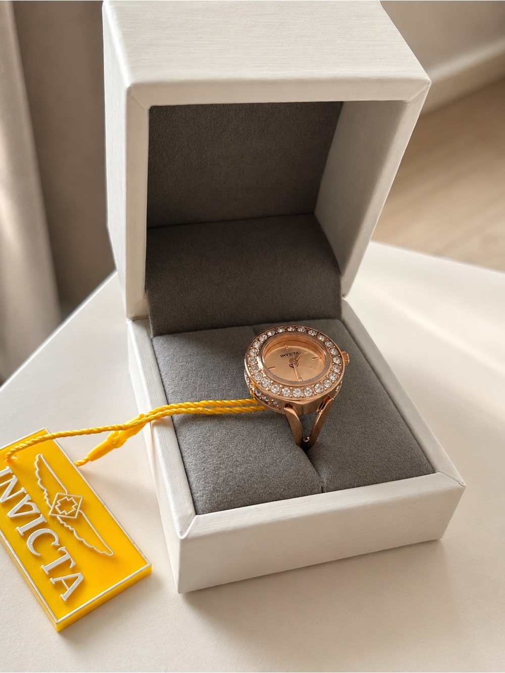 Elegant Rose Gold Watch Ring Crystal Bezel Rose Gold Dial NIB never worn w/ tag